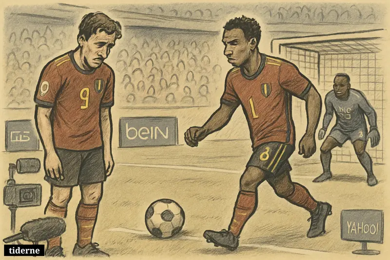 Two Belgian footballers at a crucial penalty, one hesitating and one stepping up, with Senegal’s goalkeeper waiting in goal.