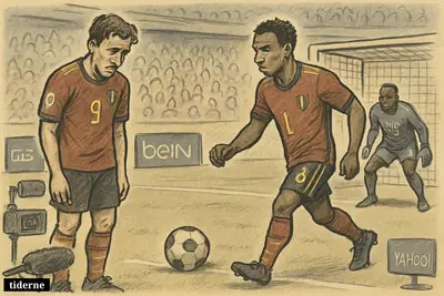 Two Belgian footballers at a crucial penalty, one hesitating and one stepping up, with Senegal’s goalkeeper waiting in goal.