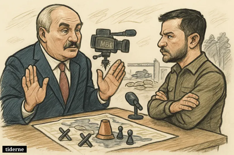 Caricature of Lukashenko apologizing across a border table to a skeptical Zelenskyy, with war symbols, interview equipment, and tense frontier defenses behind them.
