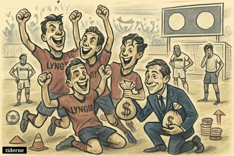 Caricature of celebrating Lyngby football players and coach on the pitch, with disappointed Hvidovre players and budget-themed props in the stadium.