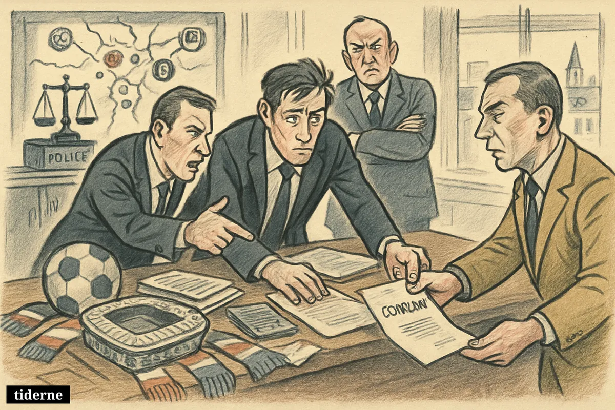 A tense caricature boardroom scene shows football executives, audit papers, legal complaint files, and justice symbols tied to a club ownership dispute.