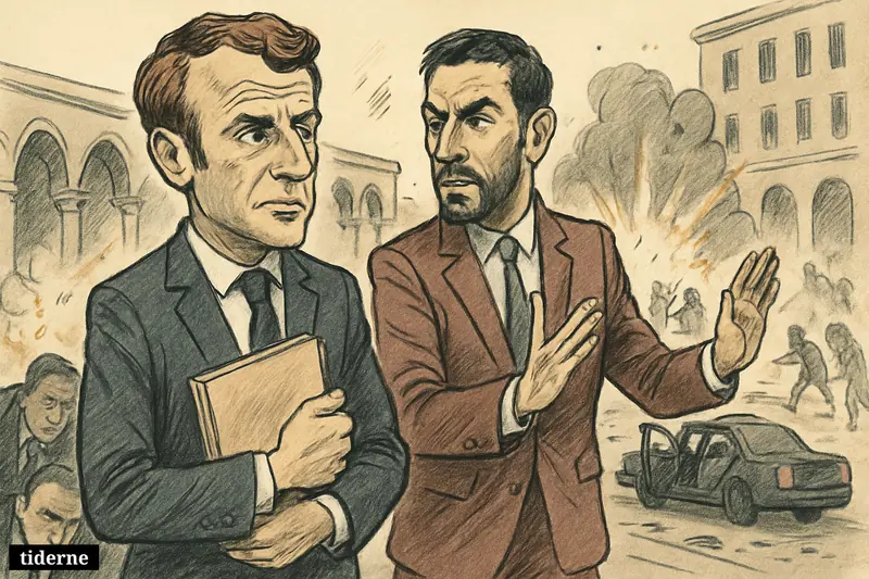 Macron and Ahmed al Sharaa stand protected by security in Damascus as explosions erupt nearby and civilians flee through debris-filled streets.