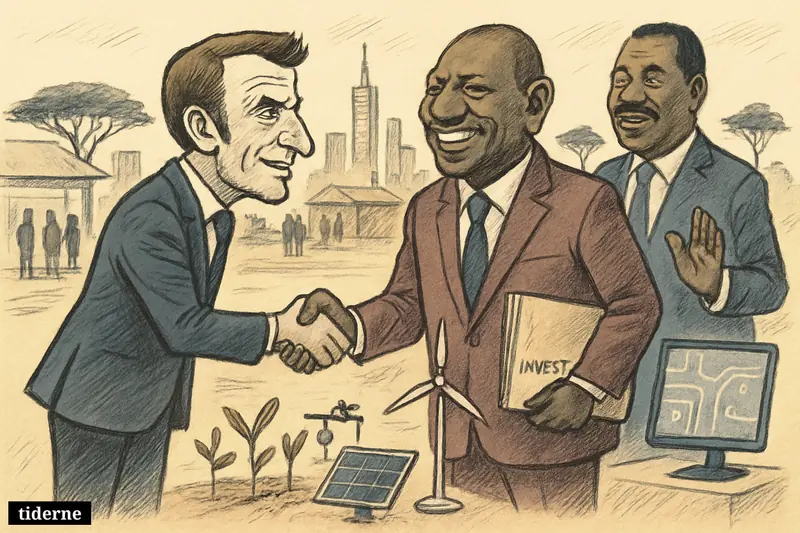 Macron shakes hands with William Ruto at a Nairobi summit, with Mudavadi nearby and investment symbols for green energy, AI, and agriculture.