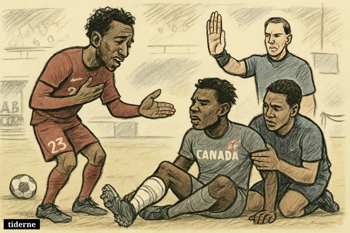 Caricature of Assim Madibo apologizing to injured Ismaël Koné on a football pitch as a referee signals punishment nearby.
