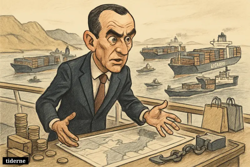Caricature of Vincent Clerc on a ship bridge, with stalled Maersk container ships in Hormuz and props suggesting rising costs for consumers.