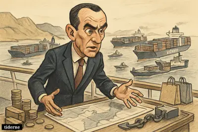 Caricature of Vincent Clerc on a ship bridge, with stalled Maersk container ships in Hormuz and props suggesting rising costs for consumers.