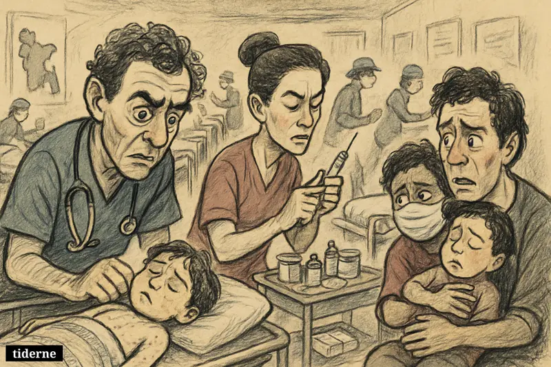 An editorial caricature of an overwhelmed Bangladesh hospital ward, where medical staff urgently treat sick children during a deadly measles outbreak.