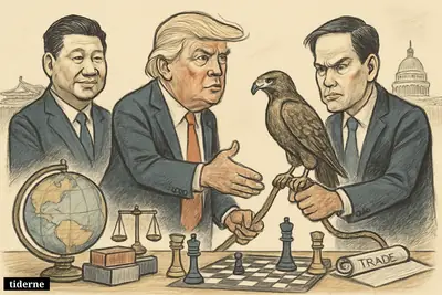 Trump stands between Xi and Rubio, cautiously shaking Xi’s hand while a tense hawk, trade props, and rivalry symbols surround them.