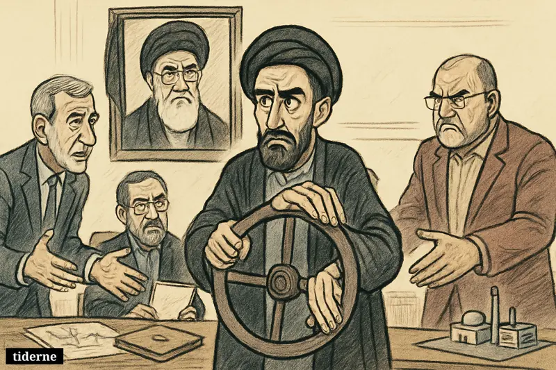 Mojtaba Khamenei strains over a steering wheel while other Iranian power figures crowd around him beneath a portrait of Ali Khamenei.