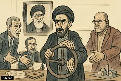 Mojtaba Khamenei strains over a steering wheel while other Iranian power figures crowd around him beneath a portrait of Ali Khamenei.
