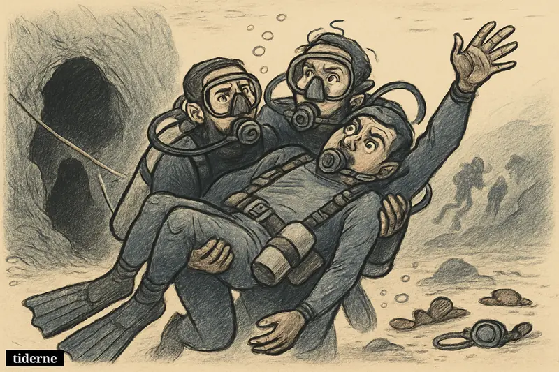 Rescue divers underwater carry an unconscious diver away from a cave entrance during a dangerous search operation in the Maldives.