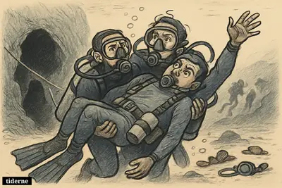 Rescue divers underwater carry an unconscious diver away from a cave entrance during a dangerous search operation in the Maldives.