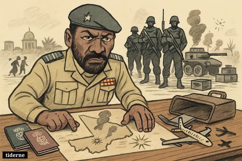 Caricature of Assimi Goïta at a desk over a Mali map as civilians flee and shadowy mercenaries stand near explosions.
