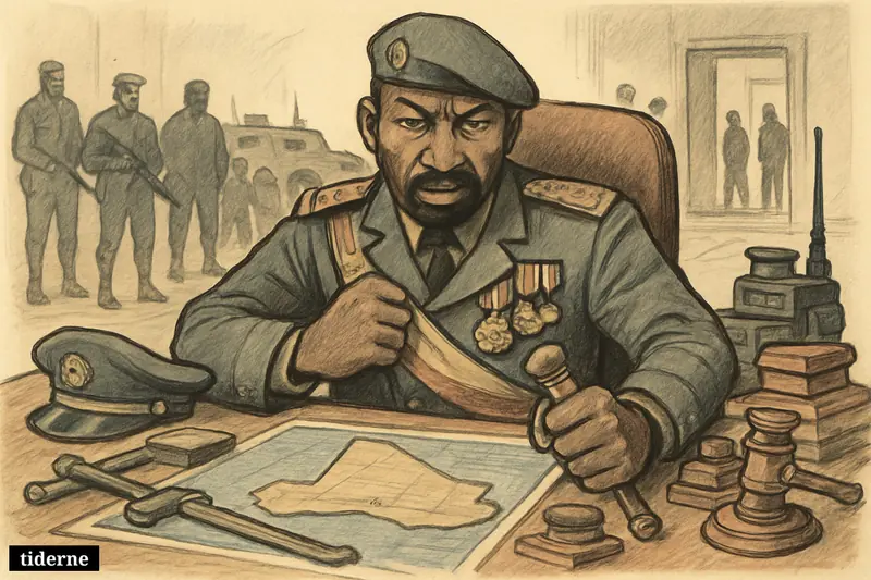 Assimi Goïta in military uniform seizes defense power in a tense war room, surrounded by officers, mercenary shadows, and symbols of centralized control.