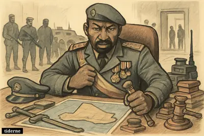 Assimi Goïta in military uniform seizes defense power in a tense war room, surrounded by officers, mercenary shadows, and symbols of centralized control.