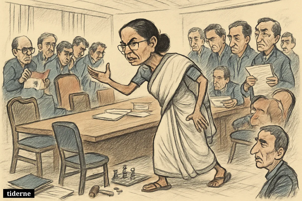 Mamata Banerjee confronts rebellious party members around a meeting table as lawmakers whisper, turn away, and display signs of internal division.