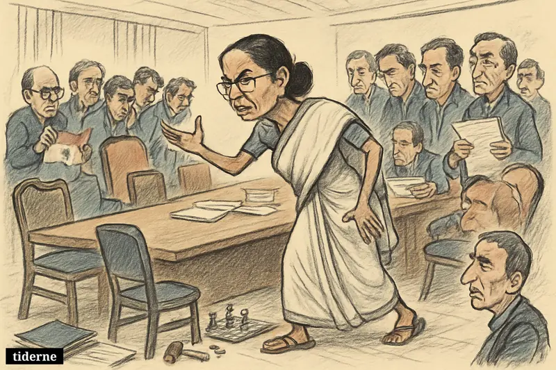 Mamata Banerjee confronts rebellious party members around a meeting table as lawmakers whisper, turn away, and display signs of internal division.
