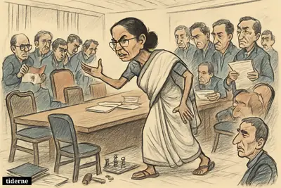 Mamata Banerjee confronts rebellious party members around a meeting table as lawmakers whisper, turn away, and display signs of internal division.