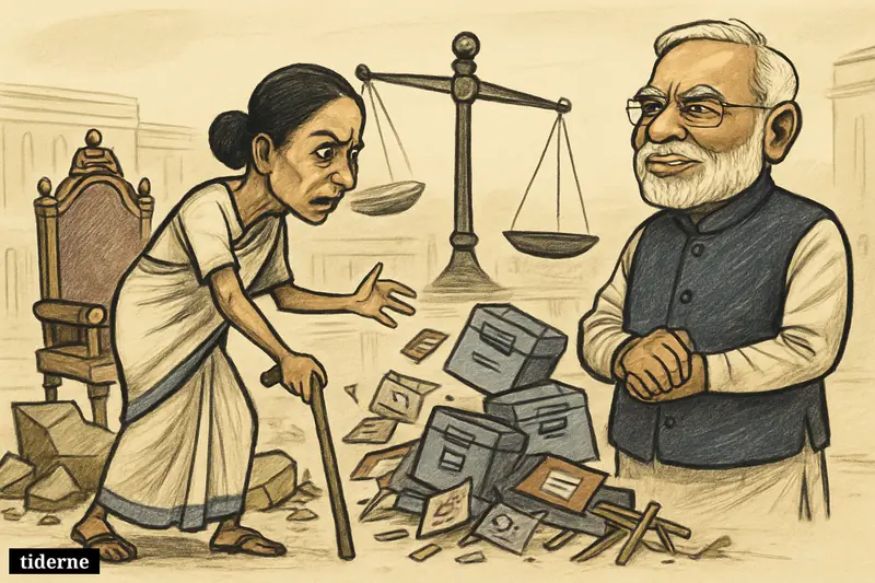 Mamata Banerjee stands by a toppled throne as Narendra Modi watches calmly, with election props and broken political symbols around them.