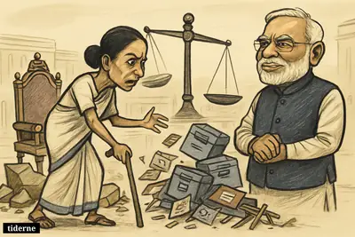 Mamata Banerjee stands by a toppled throne as Narendra Modi watches calmly, with election props and broken political symbols around them.