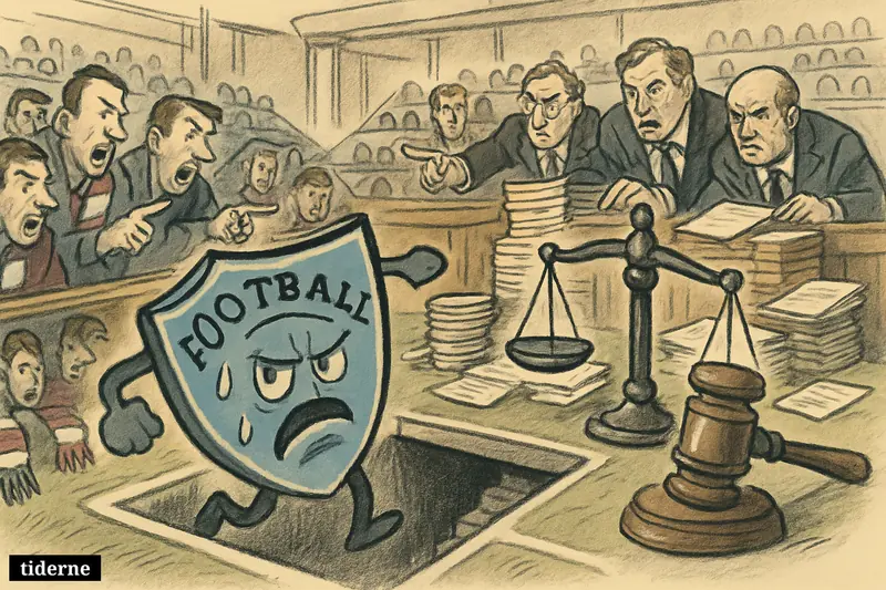 A football tribunal scene shows a sky-blue club emblem teetering over a trapdoor toward relegation as officials, scales, and fans debate punishment.