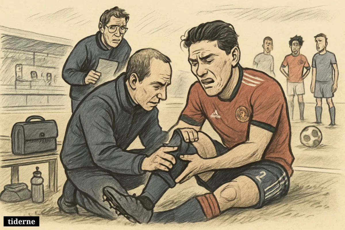 An injured football midfielder sits on the pitch clutching his knee while medical staff rush over and other players watch anxiously.