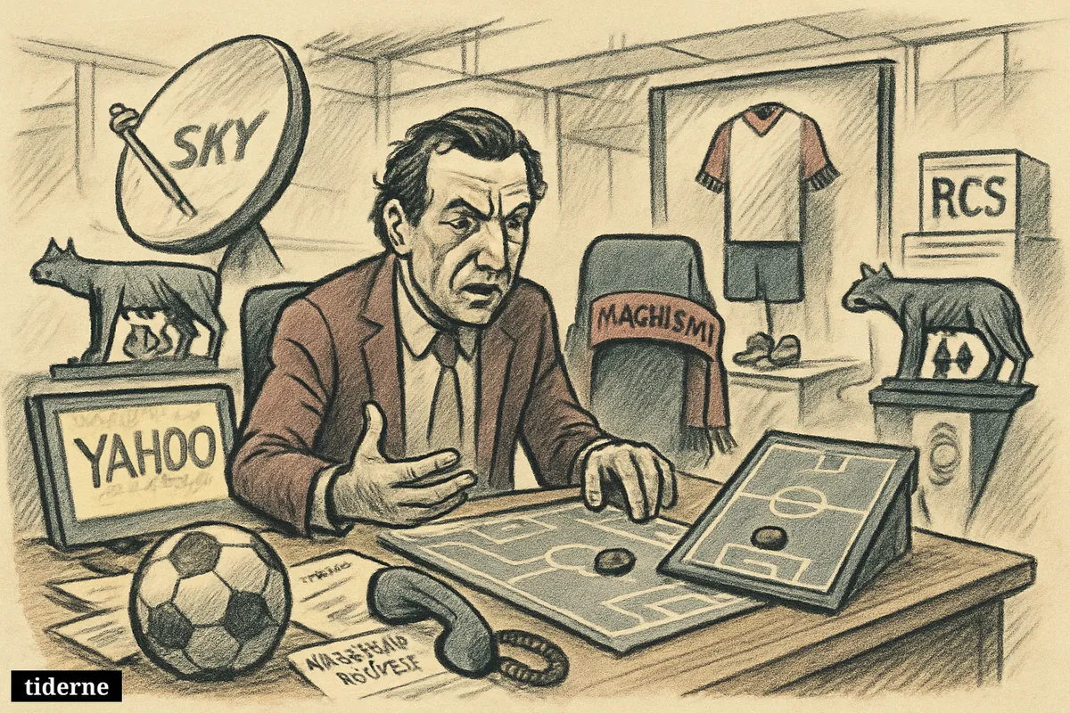 A football transfer office shows a last-minute target change, with scouting props, media symbols, and rival club references arranged around a central desk. (AI-genereret illustration)