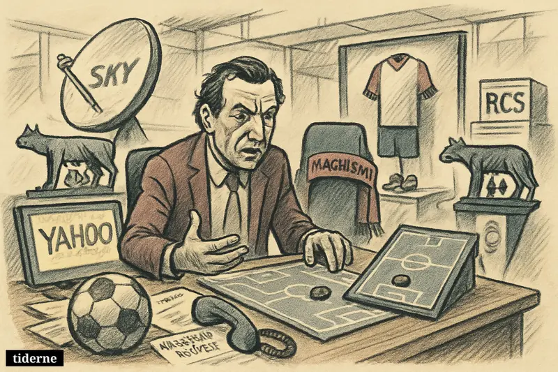 A football transfer office shows a last-minute target change, with scouting props, media symbols, and rival club references arranged around a central desk. (AI-genereret illustration)