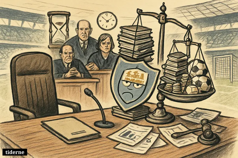 An empty chairman’s chair faces judges in a football-themed tribunal, with scales, binders, balls, and timepieces showing a delayed verdict.