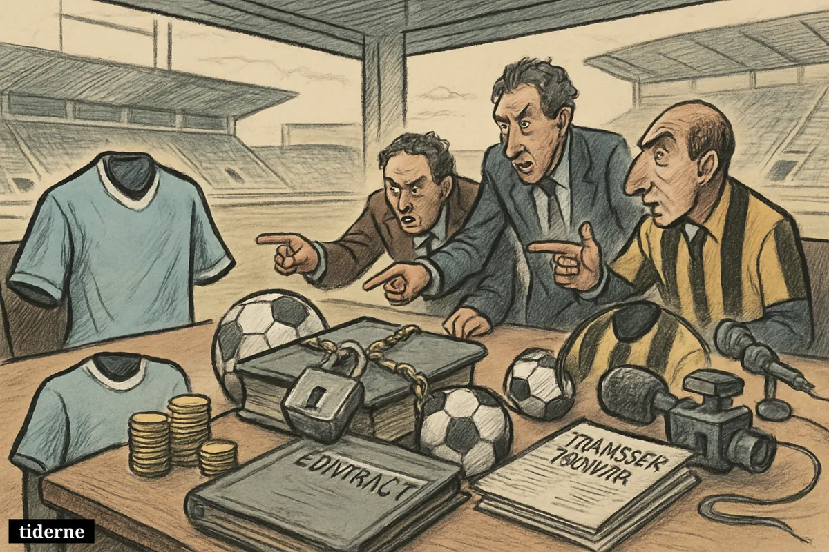 A caricature football transfer negotiation shows two rival club shirts facing off over a locked contract in a stadium boardroom.