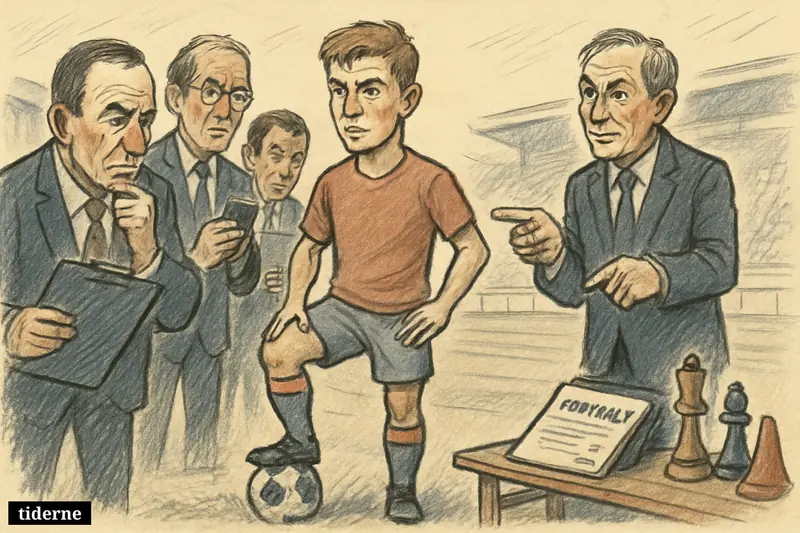 A young football midfielder stands on a pitch while scouts and a coach gather around him during a competitive transfer pursuit.