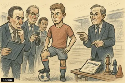 A young football midfielder stands on a pitch while scouts and a coach gather around him during a competitive transfer pursuit.
