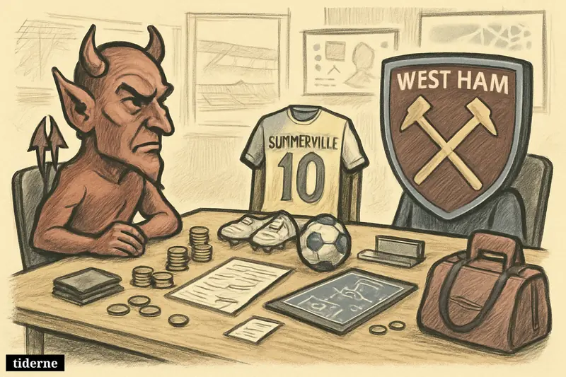 A caricature football transfer meeting with Manchester United and West Ham symbols, a winger’s kit, money props, and an empty chair hinting at Rashford.