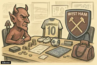 A caricature football transfer meeting with Manchester United and West Ham symbols, a winger’s kit, money props, and an empty chair hinting at Rashford.