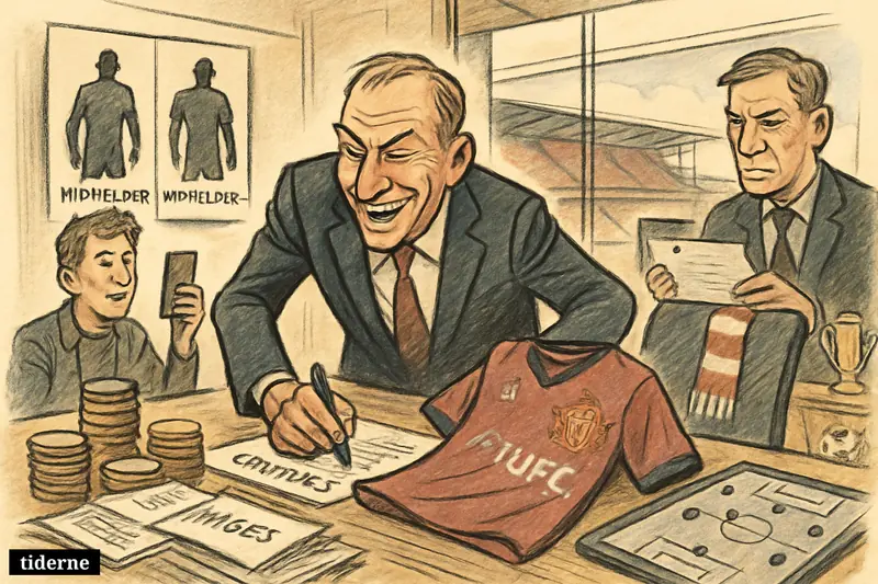 A football boardroom caricature shows club officials finalizing a transfer, with contracts, money stacks, scouting notes, and a stadium beyond. (AI-genereret illustration)