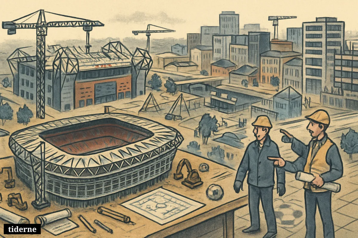 A caricature scene of a huge planned football stadium model beside an older arena, surrounded by cranes, workers, and urban redevelopment. (AI-genereret illustration)