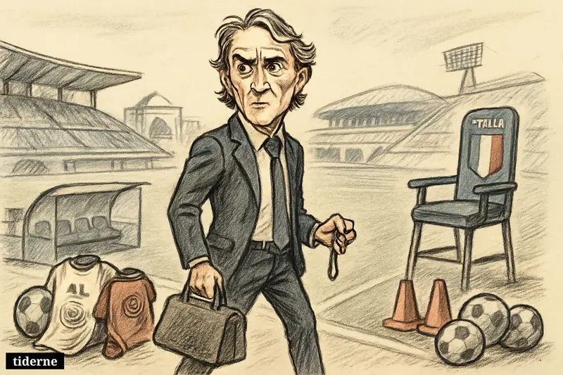 Caricature of Roberto Mancini leaving one football bench and stepping toward an awaiting national-team touchline between Qatar and Italy.