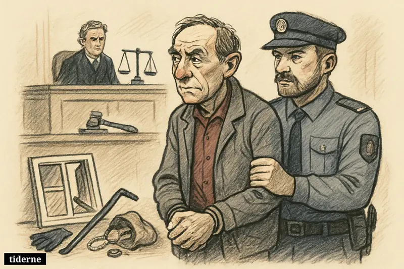 A caricatured middle-aged suspect is escorted by police in a courtroom setting, with burglary tools and legal symbols nearby.