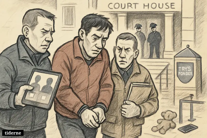 Police escort a bowed suspect toward a courthouse while investigators carry digital evidence, with a toy and smartphone suggesting child online abuse.