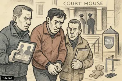 Police escort a bowed suspect toward a courthouse while investigators carry digital evidence, with a toy and smartphone suggesting child online abuse.