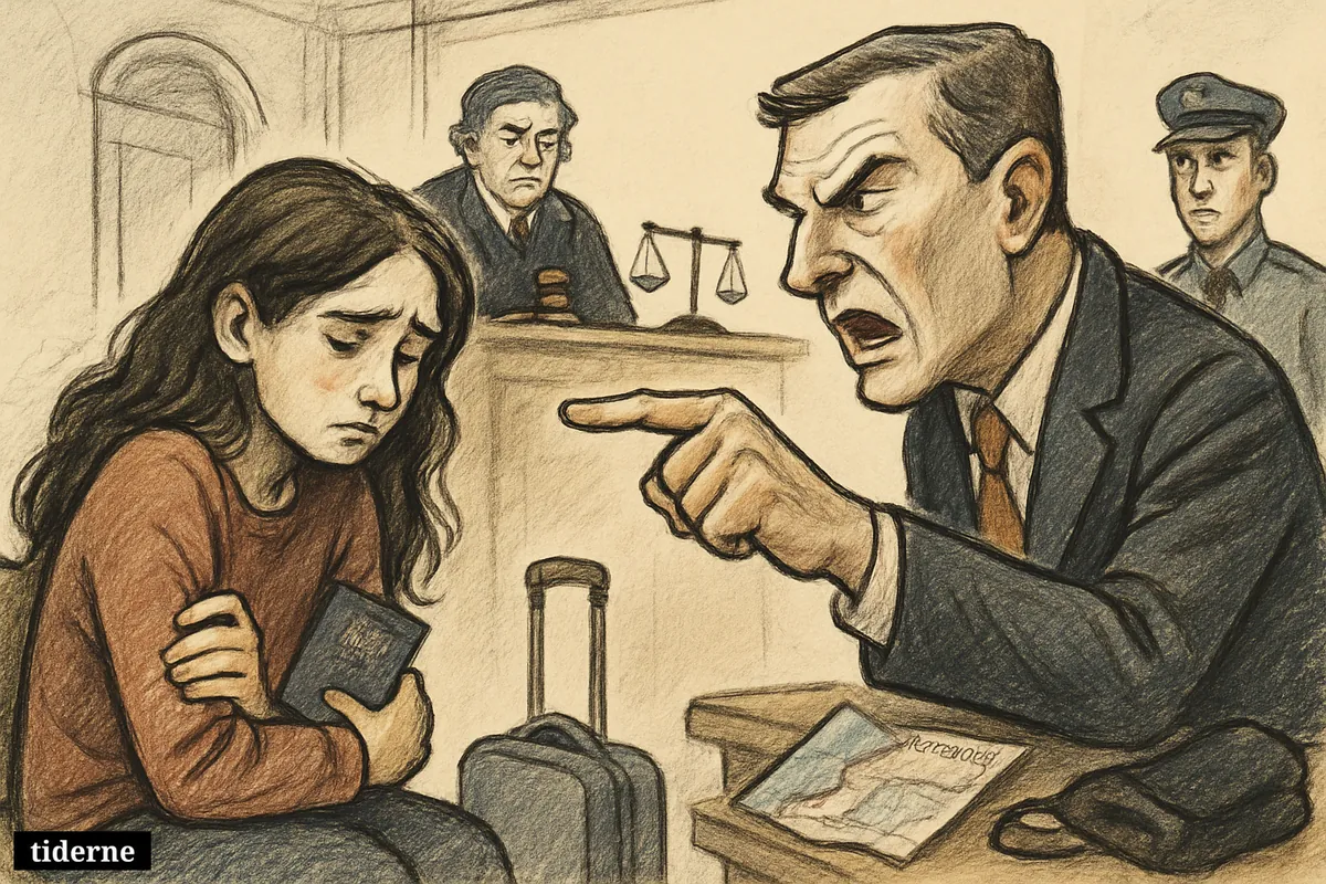 A courtroom caricature shows a frightened teenage girl, an aggressive middle-aged man, a judge, police officer, suitcase, and travel clues tied to Lebanon.