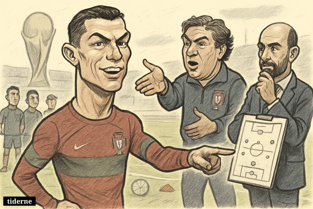 Cristiano Ronaldo stands confidently on Portugal’s pitch as Maniche gestures in support and a coach watches during a lineup debate.