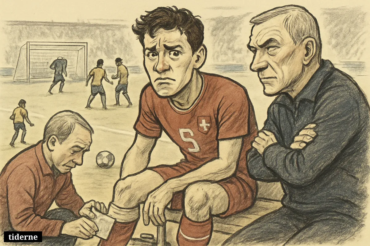 A worried Swiss footballer holds his knee on the bench as a coach and medic attend him before a match against Colombia. (AI-genereret illustration)