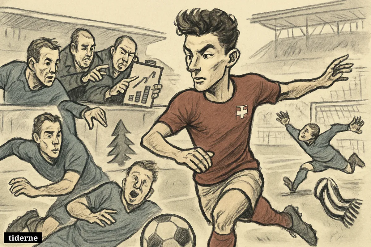 A caricature of a Swiss midfielder making a key pass in a World Cup match as scouts watch his transfer value rise.