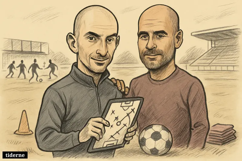 Enzo Maresca and Pep Guardiola stand on a training pitch with a ball and tactics board, suggesting continuity in Manchester City’s playing style.