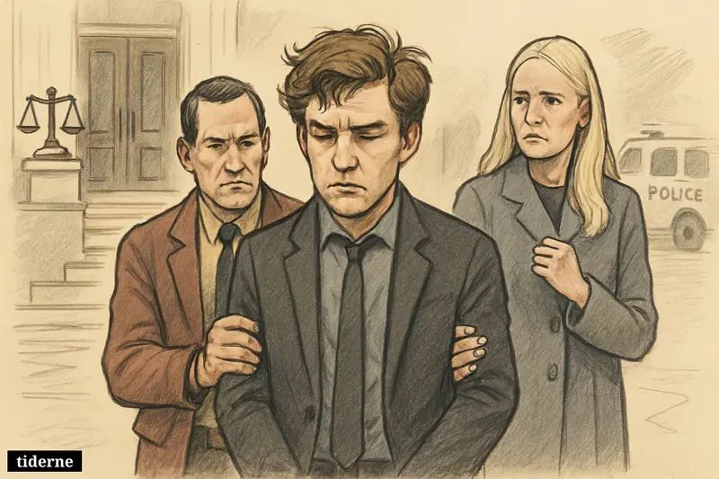 Caricature of Marius Borg Høiby being escorted from a courthouse while Crown Princess Mette-Marit watches anxiously nearby.
