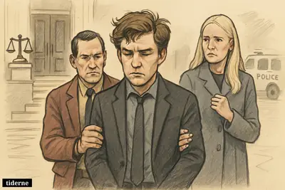 Caricature of Marius Borg Høiby being escorted from a courthouse while Crown Princess Mette-Marit watches anxiously nearby.