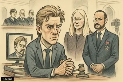 Caricature of Marius Borg Høiby on video link before judges, with Crown Princess Mette-Marit and Crown Prince Haakon standing anxiously nearby.
