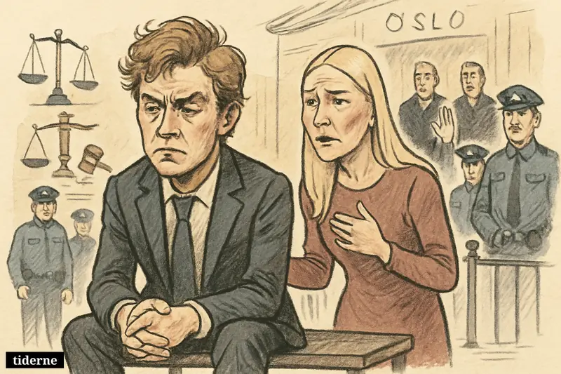 Caricature of Marius Borg Høiby on a custody bench outside a courthouse, with Crown Princess Mette-Marit nearby and judges refusing release.