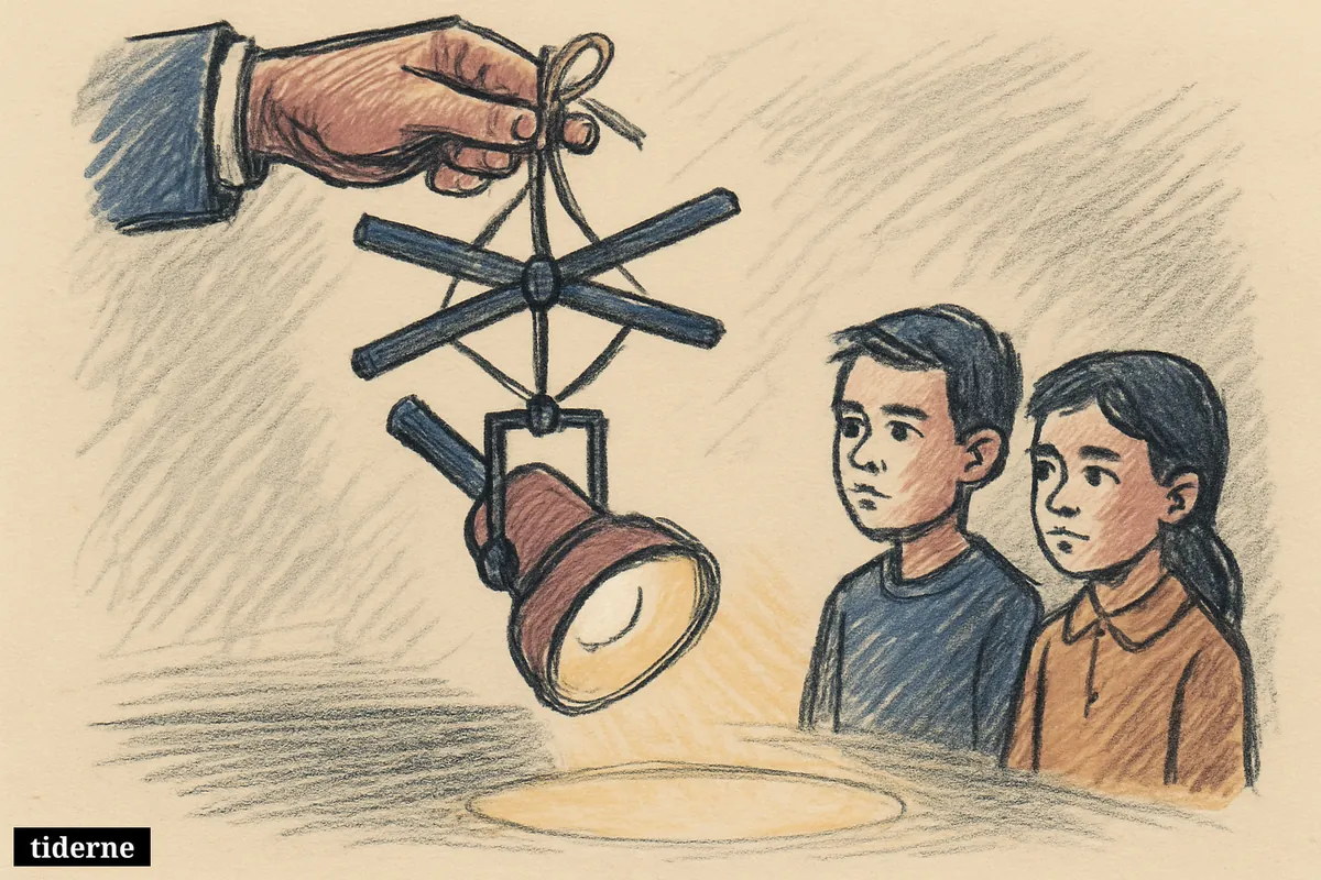 Knotted puppet strings hang above a single glowing spotlight on a black stage, with dark classroom chairs fading into shadow (AI-genereret illustration)